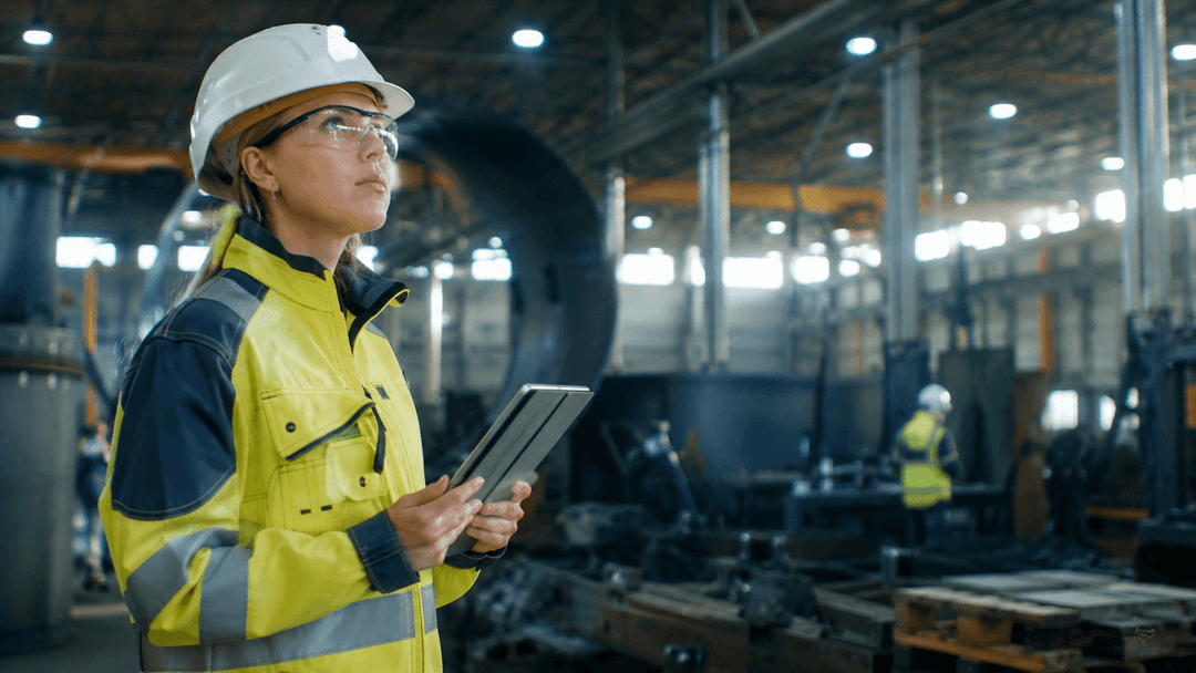 Safety professional in hard hat and hi-vis jacket surveys a factory for SETA's NEBOSH Certificate.