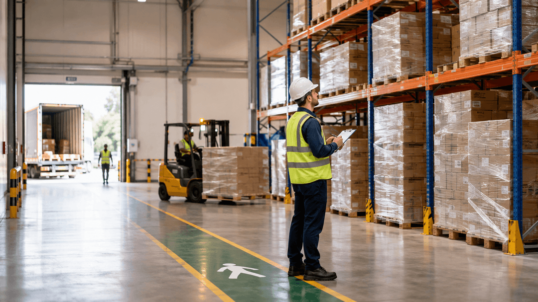 Warehouse worker checks pallet racking with a clipboard as a forklift operates nearby.