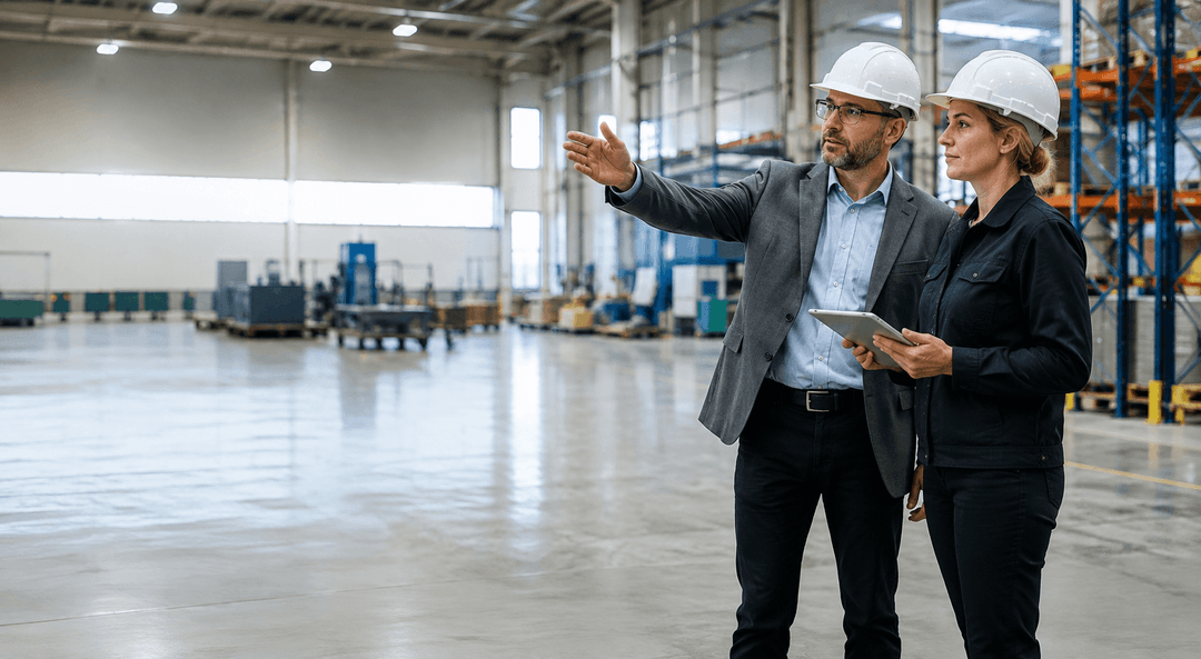 Two colleagues in hard hats discuss workplace safety in a factory, one pointing across the floor.