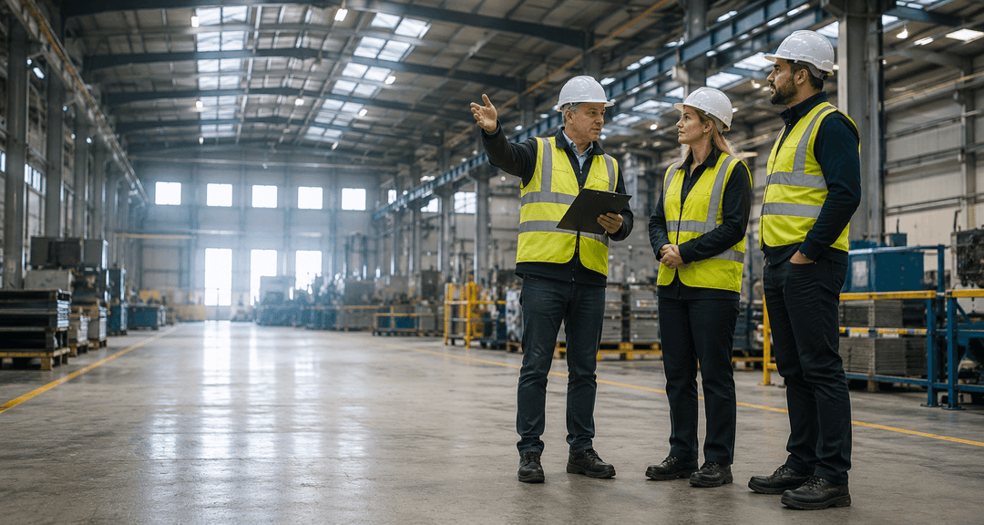 Supervisor with clipboard briefs two colleagues in hard hats on a factory floor.